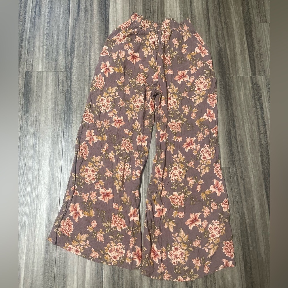 American Eagle Wide Leg Palazzo Pants M Floral Purple Pink Pull On Elastic Waist - Picture 3 of 7